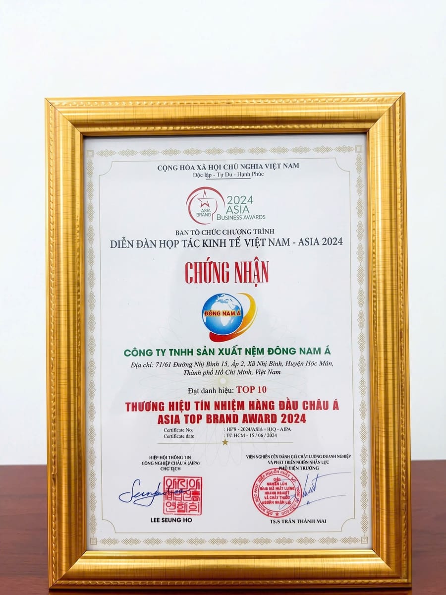 Bằng chứng nhận Top 10 Thương hiệu tín nhiệm hàng đầu Châu Á 2024