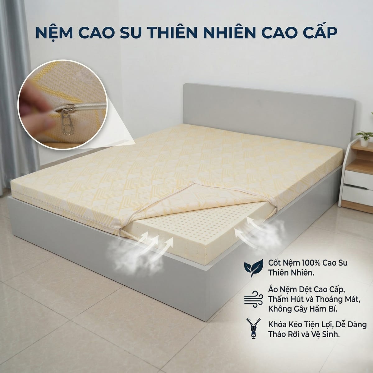 Nệm cao su thiên nhiên với áo nệm dệt cao cấp, khoá kéo tháo rời vệ sinh dễ dàng