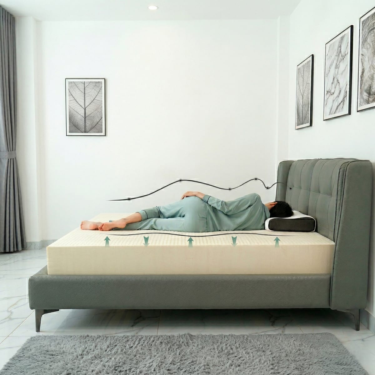 Nệm cao su nâng đỡ cột sống thẳng tự nhiên khi nằm nghiêng